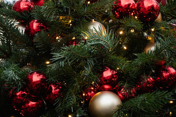 Christmas tree decorated red balls and lights garland. Xmas holiday spirit. Winter. Outdoors.