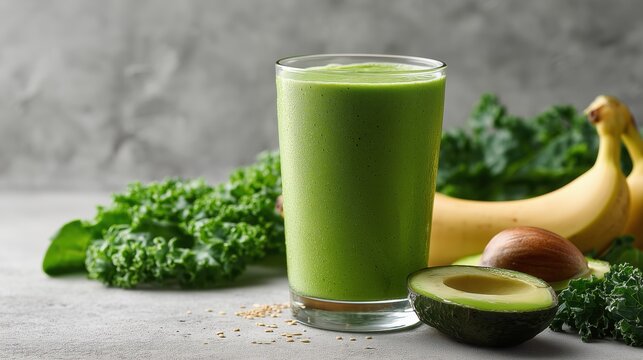 Refreshing green smoothie with kale avocado and banana in bright modern kitchen setting