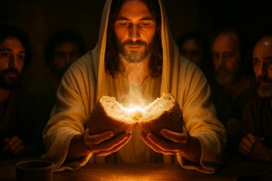 Jesus Breaking Bread at the Last Supper with Light Rising from the Loaf