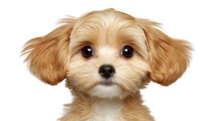 Cute puppy dog with fluffy light brown fur, big round eyes, and soft ears, isolated on transparency background, expressing innocence and curiosity, perfect for pet themed designs