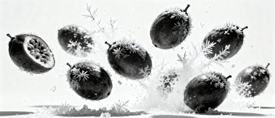 Watermelons splashing through the air in black and white style