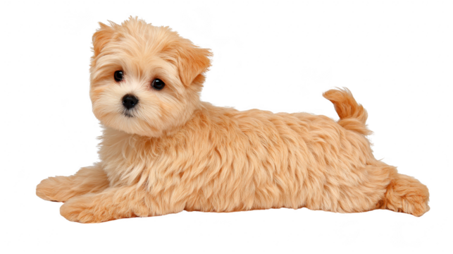 Fluffy puppy small dog cute pet light brown fur playful adorable young animal domestic lying down happy expression isolated on transparency background