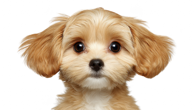 Cute puppy dog with fluffy light brown fur, big round eyes, and soft ears, isolated on transparency background, expressing innocence and curiosity, perfect for pet themed designs