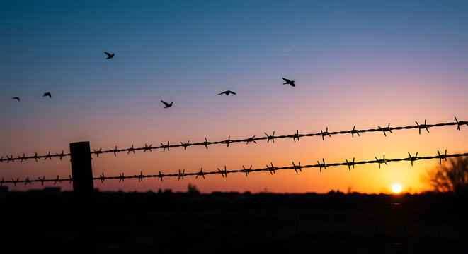Birds fly over rural landscape at sunset with barbed wire fence - Powered by Adobe