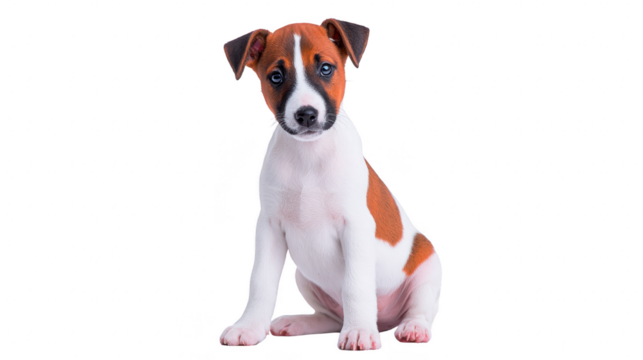 Cute brown and white puppy sitting on transparency background looking curious and playful short fur young dog isolated adorable pet domestic animal small breed friendly expression
