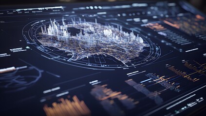 Futuristic digital interface displaying complex data visualizations with glowing holographic projections of global networks and abstract information streams in a dark high tech environment