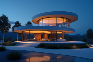 Modern futuristic circular house with glass walls at dusk