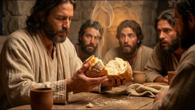 Jesus Breaking Bread at the Last Supper with Light Rising from the Loaf