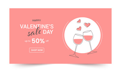 Valentines Day Sale Banner with wine glasses, hearts and Discount Card on Pink Background. Promotion and shopping template for love day concept. Vector illustration.