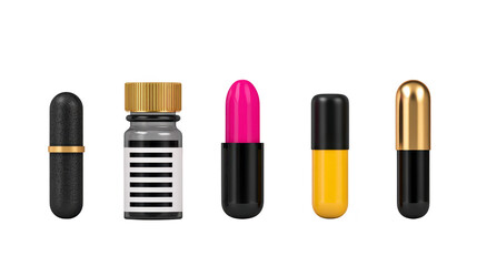 Obraz premium Black and gold capsule, medicine bottle, pink capsule, yellow and black capsule, and gold capsule arranged in row on transparency background, representing modern pharmaceutical products