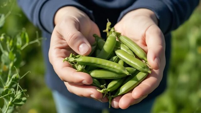 farmer hands holding heap of fresh green pea pods. organic vegetable harvest in garden. healthy vegetarian food concept. agriculture, farming background.