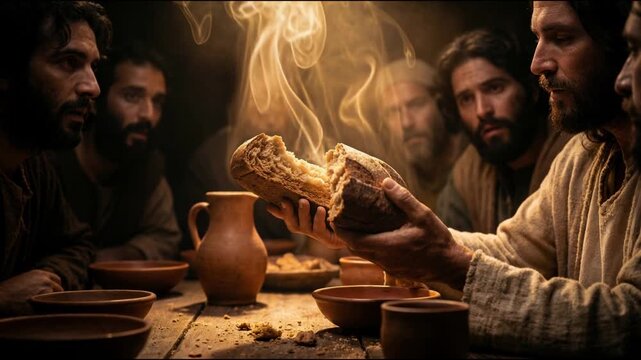 Jesus Breaking Bread at the Last Supper with Light Rising from the Loaf