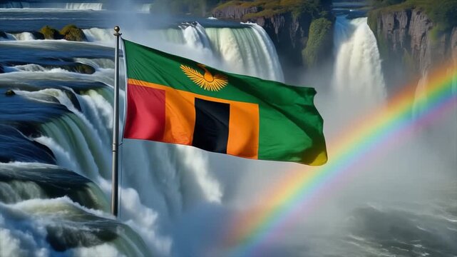 Zambian Flag Waving in Front of Victoria Falls with a Rainbow Keywords: Zambia, flag, waving, Victoria Falls, waterfall, rainbow, nature, landscape, water, cascade, mist, spray, scenic, travel
