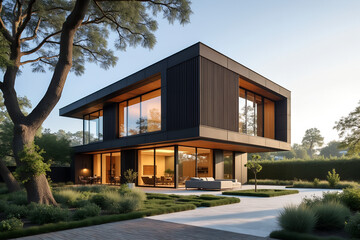 Modern luxury home with large windows and landscaped gardens