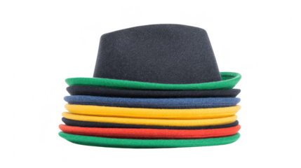 Stacked colorful felt hats including black green yellow blue and red isolated on transparency background fashion accessory playful and cheerful style