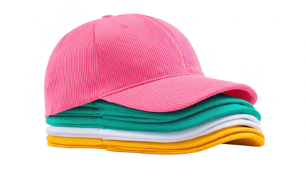 Pink cap green cap white cap yellow cap stack headwear cotton casual fashion accessory Vibrant stack of pink green white and yellow caps made of cotton showcasing casual style and cheerful mood