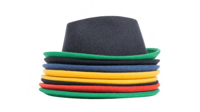 Stacked colorful felt hats including black green yellow blue and red isolated on transparency background fashion accessory playful and cheerful style