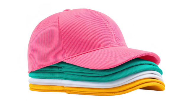 Pink cap green cap white cap yellow cap stack headwear cotton casual fashion accessory Vibrant stack of pink green white and yellow caps made of cotton showcasing casual style and cheerful mood
