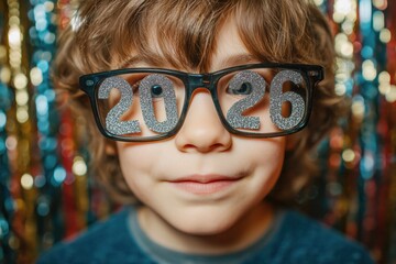  Kid celebrating new year wearing 2026 glasses
