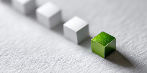 Close-up of a green metallic cube standing out among a row of silver cubes on textured white surface with shallow depth of field