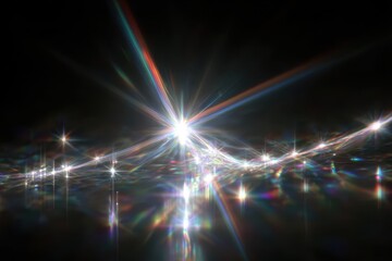 Shimmering lights reflect over a rippled surface, with bright white stars and colorful sparkles across the horizon line