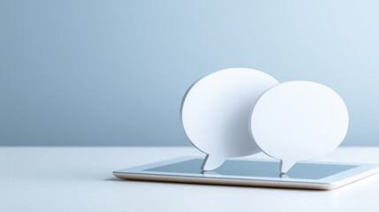 Two blank white speech bubbles standing on a digital tablet on a light blue background symbolizing online communication and digital conversation