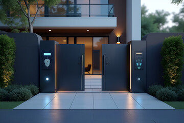 Modern luxury home entrance with automated gate and smart technology