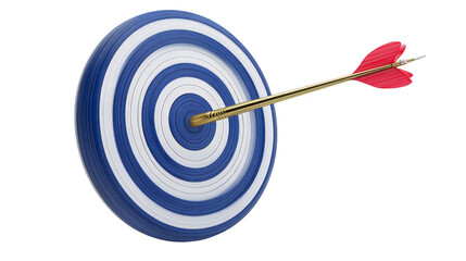 Blue and white target with concentric circles and red dart hitting bullseye, symbolizing accuracy, success, and achievement in transparent background