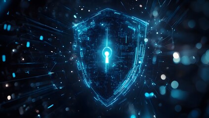 Digital shield emblem glowing with intricate blue circuitry and data streams representing cyber security and network protection in a futuristic abstract background