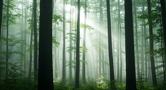 Foggy forest with sun rays through the trees beautiful nature scenery - Powered by Adobe