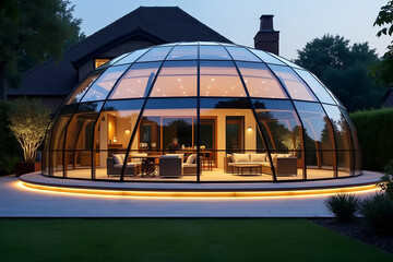 Modern glass dome conservatory attached to a traditional house at dusk