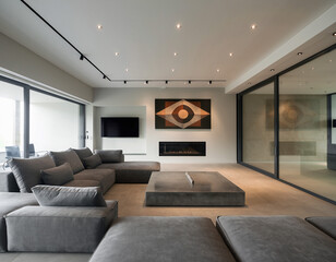 Naklejka premium Serene living space A modern interior featuring a plush sectional sofa, sleek fireplace, abstract art. Ideal for architecture, design, lifestyle concepts.