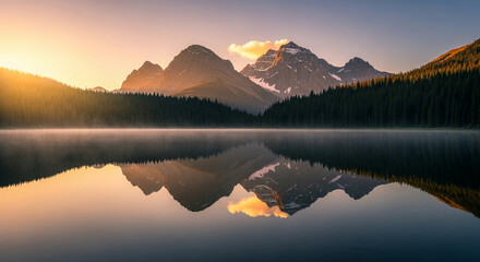 calm lake reflecting mountains and forest, golden hour light, peaceful nature scene
