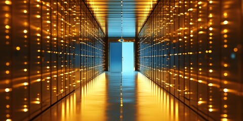 Illuminated futuristic data center corridor with glowing server racks stretching into the distance creating a sense of advanced technology and digital information flow