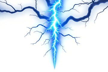 Bright blue lightning bolt cracking through dark branches on white background