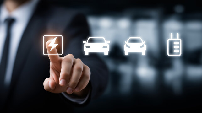 Businessman selecting electric vehicle charging icon on digital interface