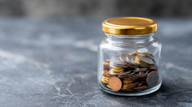 Glass jar filled with assorted coins on a gray marble surface with a golden lid, symbolizing savings and financial growth