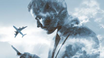 Double exposure of businessman with plane and clouds using smartphone