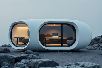 Futuristic pod home office with large windows on a rocky landscape