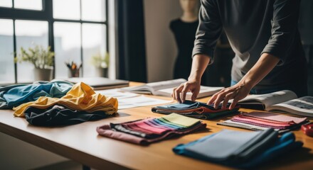 Person Selecting Fabric Samples and Swatches on Table in Design Studio