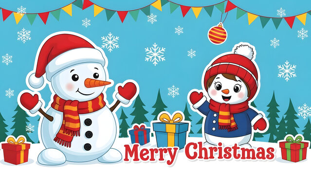 : Cute festive snowman illustration with gifts, holiday decorations and winter background for joyful Christmas celebrations - Powered by Adobe