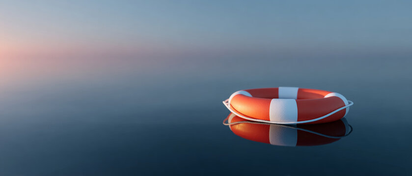 Orange and white lifebuoy floating on calm water surface with soft gradient sky background at sunset or sunrise