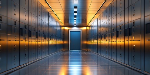 Futuristic illuminated corridor with a central door at the end reflecting light on a polished floor evoking a sense of advanced technology and mystery