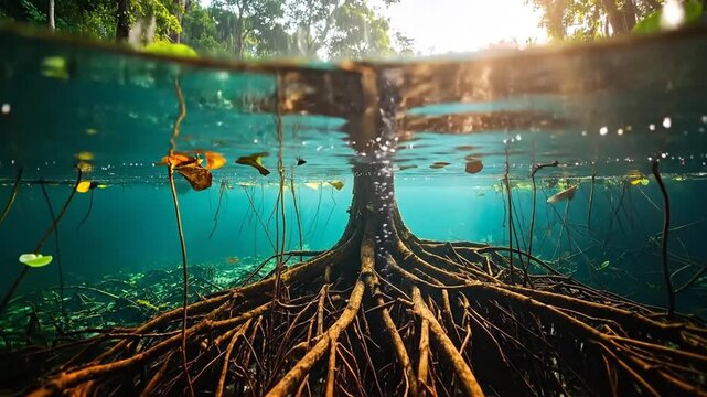 Underwater View of Tree Roots in Clear Water