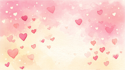 watercolor illustration background, pale pink and cream ombre wash, tiny diffuse heart shapes scattered randomly, soft edges, hand-drawn texture, romantic storybook style, gentle c