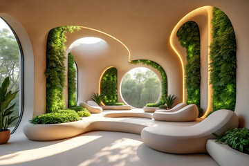 Modern organic interior design with lush greenery and natural light