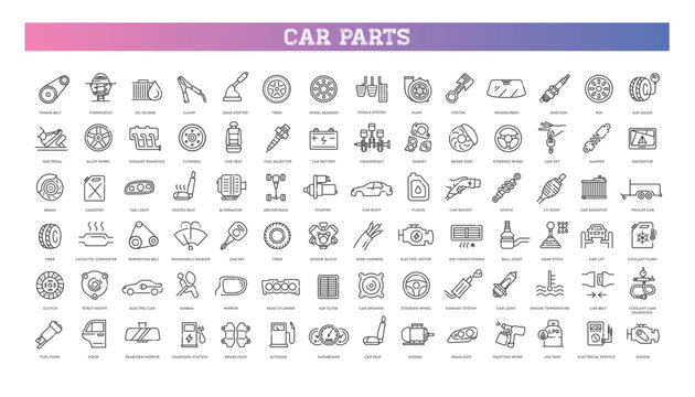 Car Parts Line Icon Set. Auto Repair and Vehicle Components