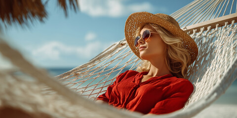 Relaxed woman in straw hat lying in hammock at the beach