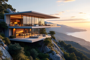 Modern luxury cliffside villa with panoramic ocean sunset views