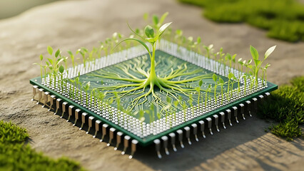 Computer chip with a plant growing from its center processor seedling